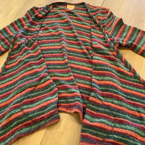 Ruby Rd Cardigan Sweater Size Medium Open Front Orange Green Striped Pockets - Picture 8 of 10